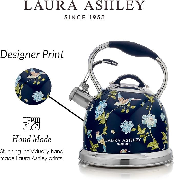 VQ Laura Ashley Elveden Navy 3L Stainless Steel Tea Kettle Stovetop Whistling Teapot for Induction, Gas Hob or others. Silicon Coated Cool Handle & Push Button Mechanism Vintage Stove Top Kettle