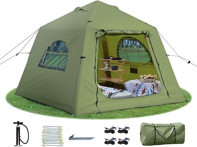 2025 Upgraded Waterproof Inflatable Camping Tent, Large Blow-Up Air Tent, No Assembly Needed Luxury Glamping House, Oxford Fabric