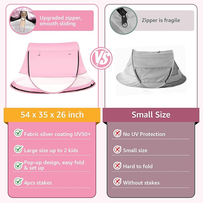 Baby Beach Tent, Pop Up Beach Tent Sun Shade for Beach, UPF 50+ UV Protection Sun Shelters for Infants with Carry Bag for Outdoor Travel, Camping(Pink)