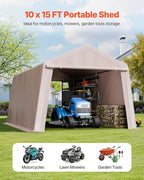 VEVOR 10 × 15 ft Outdoor Storage Shed Tent with Heavy-Duty Steel Frame, 2 Roll-Up Doors & Air Vents, Waterproof Portable Garage Carport Shelter for Motorcycle, Lawn Mower, Garden Tools – Beige