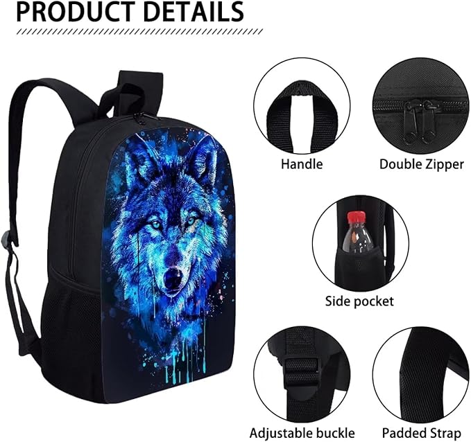 3PCS Blue Wolf Print Kids School Bag Set, Waterproof Daypack Knapsack Insulated Lunch Tote Bag Pen Case Organizer for Hiking