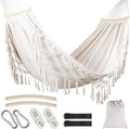Portable Hammock, Hanging Hammock with Tassels and Fishtail Knitting, 320GSM Hanging Bed with Set Full Accessories for Outdoor Camping Patio Balcony Beige
