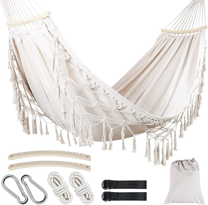 Portable Hammock, Hanging Hammock with Tassels and Fishtail Knitting, 320GSM Hanging Bed with Set Full Accessories for Outdoor Camping Patio Balcony Beige