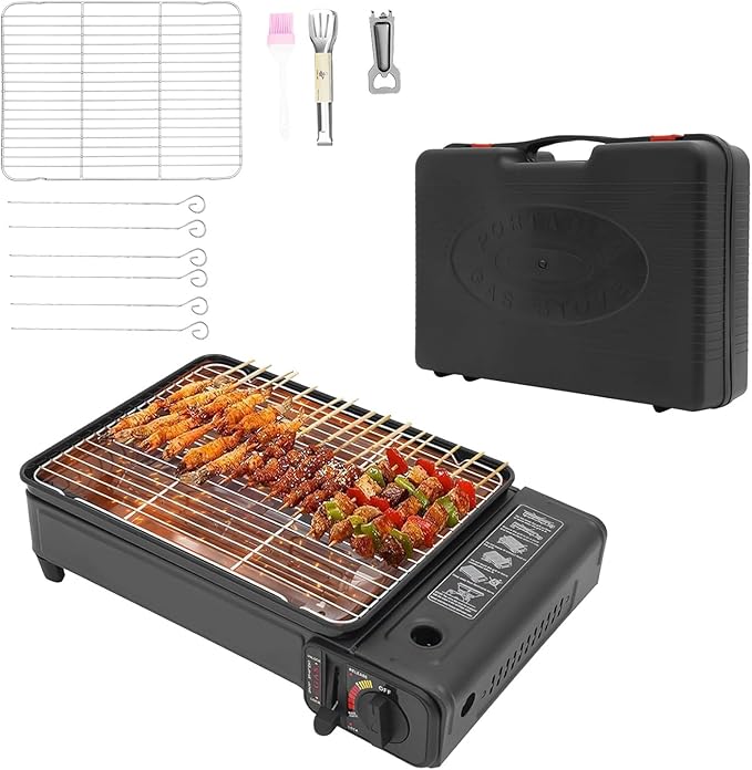 Portable Gas Grill Butane Stove, Camping Stoves with Grilling Net & Carry Case, Tabletop BBQ Grill Butane Camping Stove, Outdoor Gas Stove for Camping, Travel, Trekking