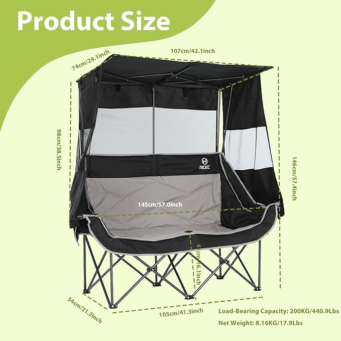 Nice C Double Camping Chair with Canopy, Portable Shade Sports Chair, Umbrella Chairs Camping Couch, Folding Outdoor Loveseat with Cooler Bag, Cup Holders, For Beach, Lawn, Sports, Picnic (Black&Gray)
