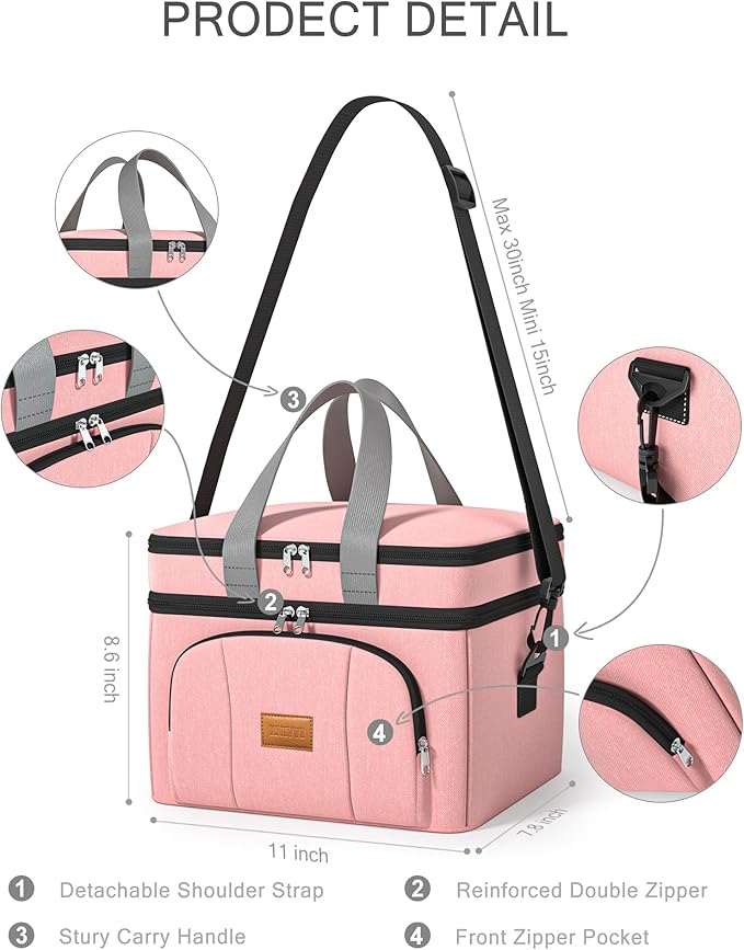 Rnivvi Lunch Box for Women, Double Decker Insulated Cooler Bag Lunch Bag Reusable Leakproof Tote Lunch Container with Strap for Work Family Picnic Hiking Camping, 18 Cans 12L, Large Adults, Rose Pink