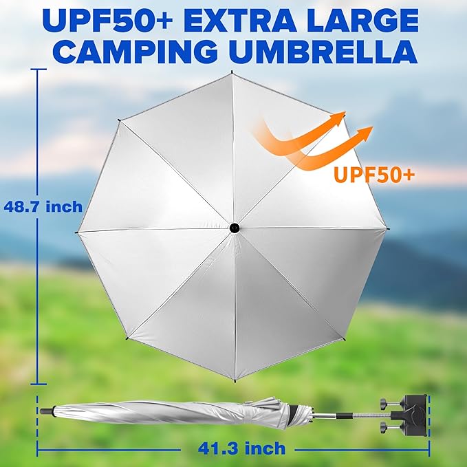 Beach Umbrella, 2PACK 48.7inch Chair Umbrella with Clamp adjustable 360°, UV Protection Large Camping Chair Umbrellas for Camping chair, Glof Cart,Table(Chair,Table not include)
