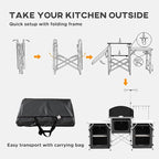 Outsunny Camping Kitchen Table, Portable Folding Camp Kitchen, Aluminum Cook Station with 3 Fabric Cupboards, Windshield, Carrying Bag for BBQ, RV, Picnic, Black