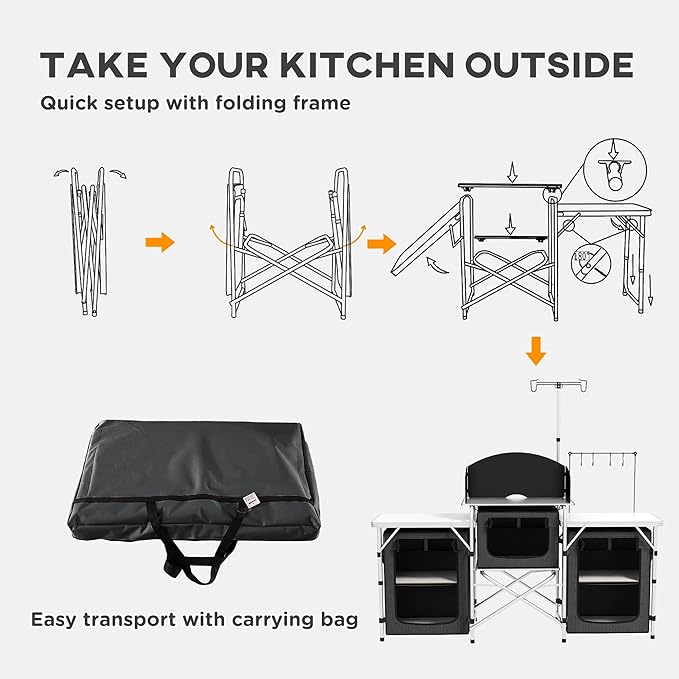 Outsunny Camping Kitchen Table, Portable Folding Camp Kitchen, Aluminum Cook Station with 3 Fabric Cupboards, Windshield, Carrying Bag for BBQ, RV, Picnic, Black