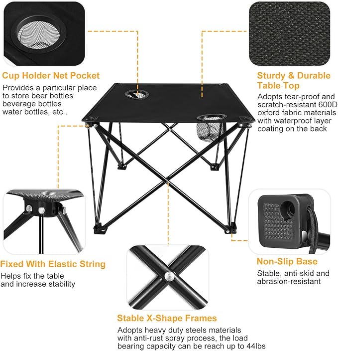 Folding Camping Table, Portable Pinic Table with 2 Cup Holders & Carry Bags, Rollup Camping Table Lightweight Beach Table for BBQ, Camping, Picnic and Indoor Use