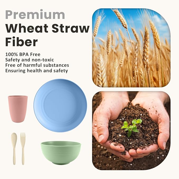 Wheat Straw Dinnerware Sets, 20 PCS Dishes Dinnerware Set Microwave and Dishwasher Safe, Lightweight Unbreakable Dishes, Reusable Dinner Plates Kids Plates and Bowls Sets for Kitchen, Camping