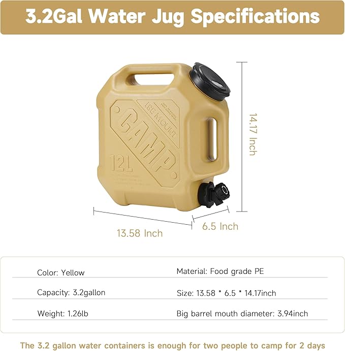 ASIEIT 3.2 Gallon Water Jug with Spigot, Portable Water Tank BPA Free, Leak-Proof Water Containers for Camping Water Storage Containers for Emergency Outdoor Hiking Picnic, Green/Black/Yellow