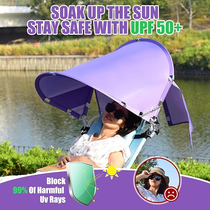 XL Universal Beach Chair Umbrella Canopy, UPF 50+ Chair Sun Shade Attachment with Adjustable Clamp for Camping, Lawn, Wheelchair, Tanning, Zero Gravity, Lounge, Outdoor Chairs, Oversized, 2 Pack