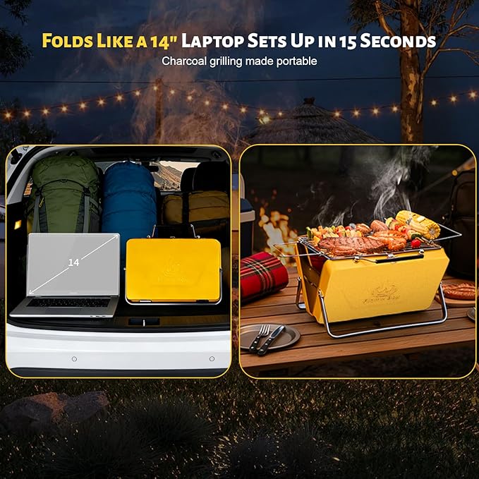 Ranger Portable Charcoal Grill – Compact Lunchbox‑Style Folding BBQ for Camping, Beach & Tailgating | Dual‑Zone Heating, Stainless Steel Body, Quick Setup, Includes Tong & Cleaning Brush