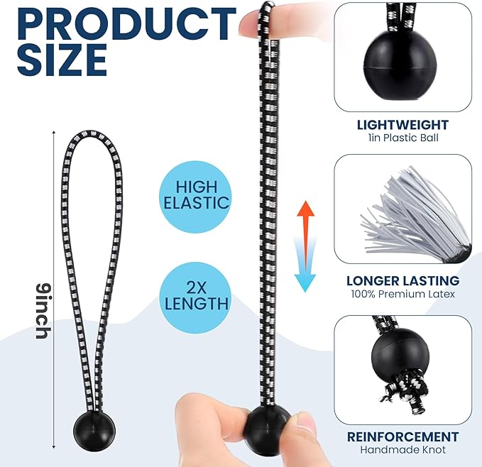 100 Pcs 9 Inch Ball Bungee Cords Tarp Tie Downs Bungee Cords with Balls Heavy Duty Outdoor Tarp Straps for Canopy Shelter Camping Cargo Tent Poles UV Resistant (Black White)