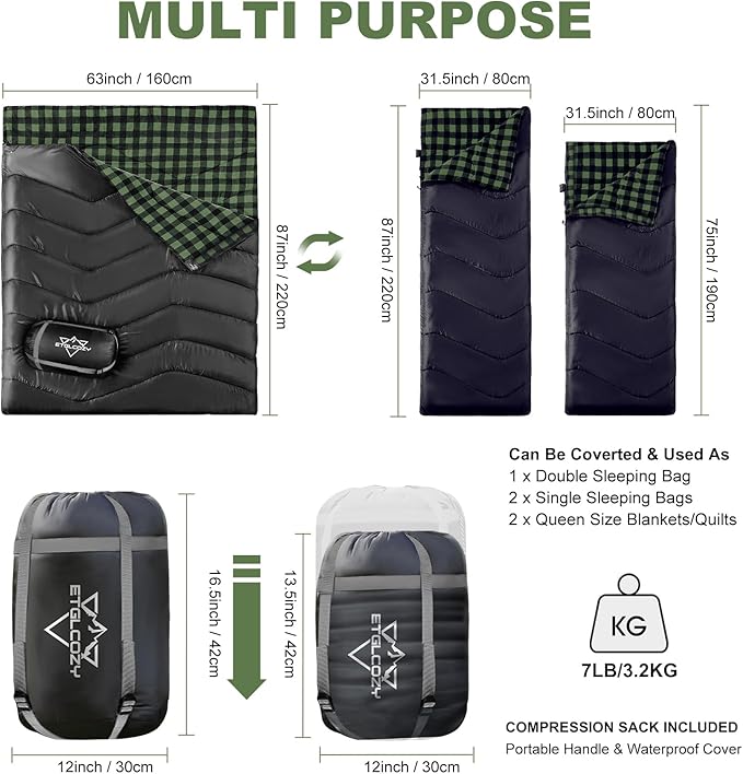 XL Queen Size 2 Person Double Sleeping Bag for Adults, Lightweight Compact with Flannel Liner & Thermolock Draft Tube, Machine Washable All Season Camping Travel