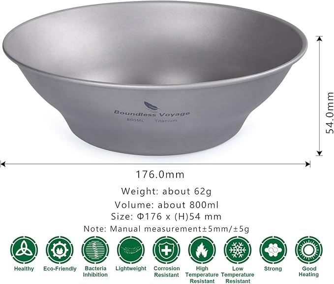 Boundless Voyage Ultralight Titanium Bowl Pan Plate Dish with Carry Bag Outdoor Camping Portable Tableware Cookware (Ti15165B (800ml Bowl))