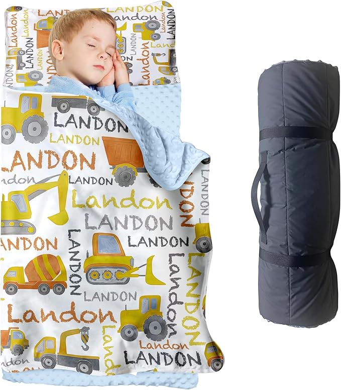 Personalized Toddler Nap Mat for Preschool, Custom Name Kids Sleeping Bag for Daycare, Kindergarten Roll Up Sleeping Mat with Removable Pillow and Soft Blanket, Fun Themes for Boys & Girls