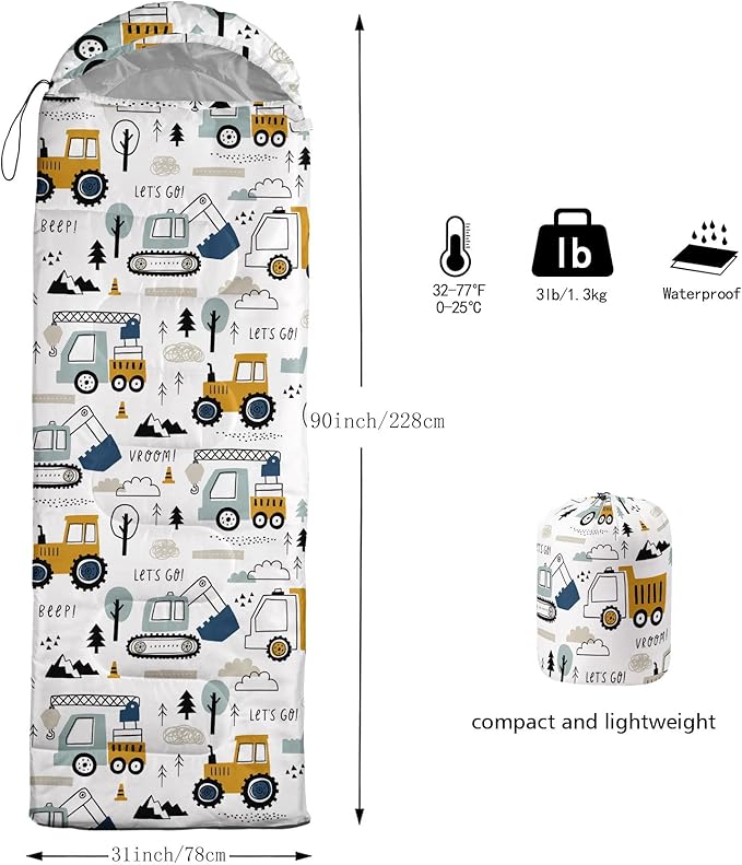 Kids Sleeping Bag for Boys Girls,Construction Truck Print-Lightweight Warm Portable Outdoor Indoor-Waterproof Cold Weather Resistant Sleeping Bag for Camping Hiking(Truck)