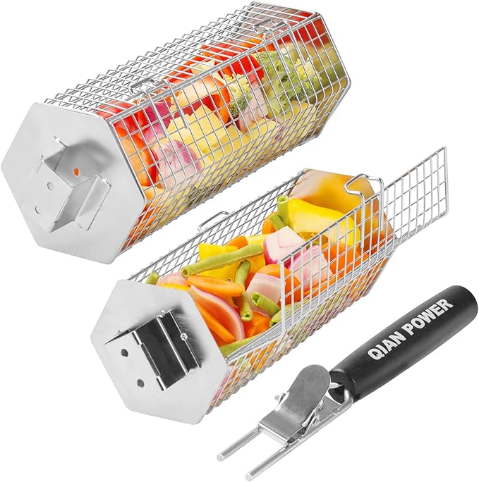 Grill Baskets 2PCS 304 Stainless Steel with Removable Wooden Handle Hexagon Design for BBQ Camping & Outdoor Cooking Accessories, Great Gift for Grill Lovers