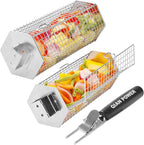 Grill Baskets 2PCS 304 Stainless Steel with Removable Wooden Handle Hexagon Design for BBQ Camping & Outdoor Cooking Accessories, Great Gift for Grill Lovers