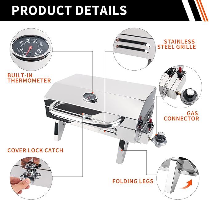 Boat Grill, 304 Stainless Steel Marine Grills w/Rod Holder Mount, Portable Propane BBQ for Boats & Tailgating & Camping, Built in Thermometer (Grill)