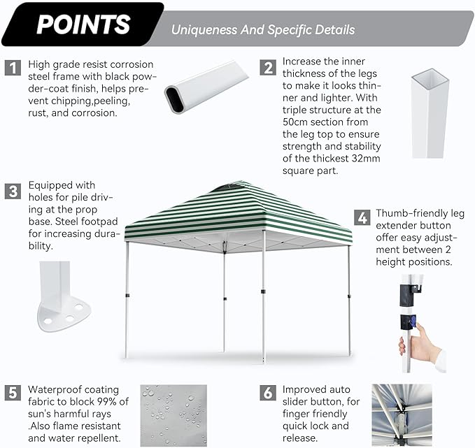 Nazhura 10' x 10' Pop Up Canopy with Sand Weight Bag, Awing for Patio, Freestanding Sun Shelter for Picnic and Camping, One Person Setup, White (Green Stripe)