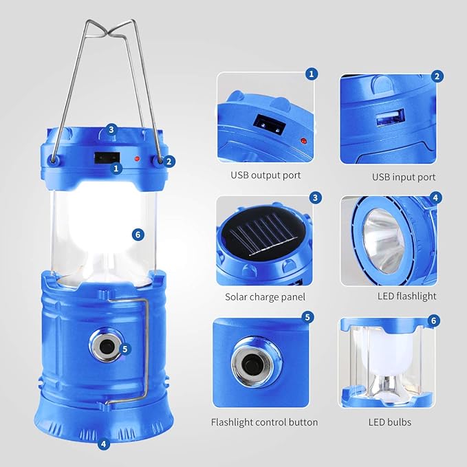 LED Camping Lantern, Solar and Rechargeable Lantern Flashlight Collapsible and Portable Light for Daily/Camp/Hiking/Night Fishing/Emergency/Hurricanes/Storm(Blue, 1 Pack)