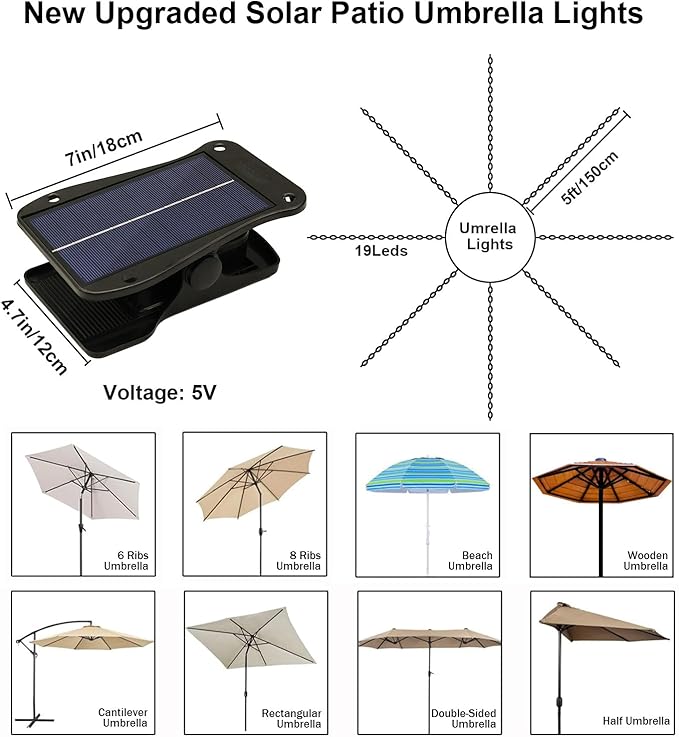 ZNYCYE Patio Umbrella Solar Lights with 8 Modes - Upgraded Larger Solar Panel Clip 5V 152 LEDs 8 Strands Umbrella Lights Outdoor Waterproof for Patio Beach Tent Camping Garden Decor, Multicolor