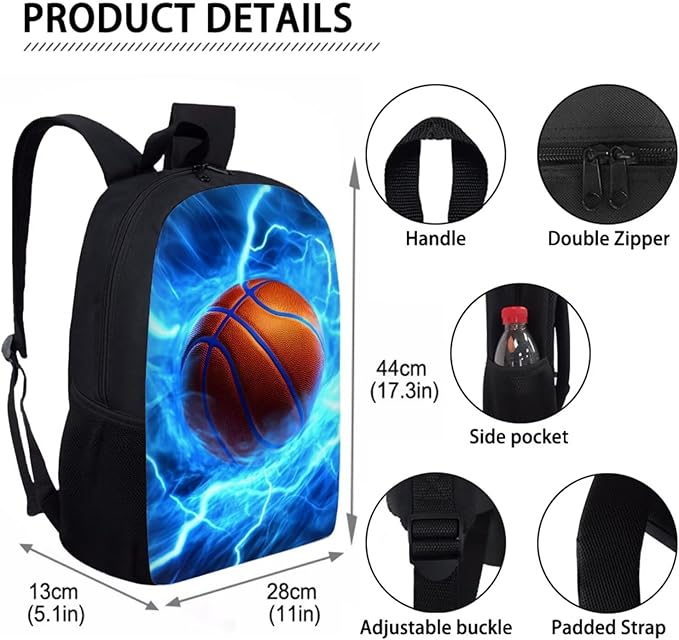 Kids School Backpack Boys Basketball Backpack with Lunch Box Soft Pencil Case for Boys Kindergarten Elementary Middle Bookbag Set for 17 Inch Mochilas Escolares Para Niños