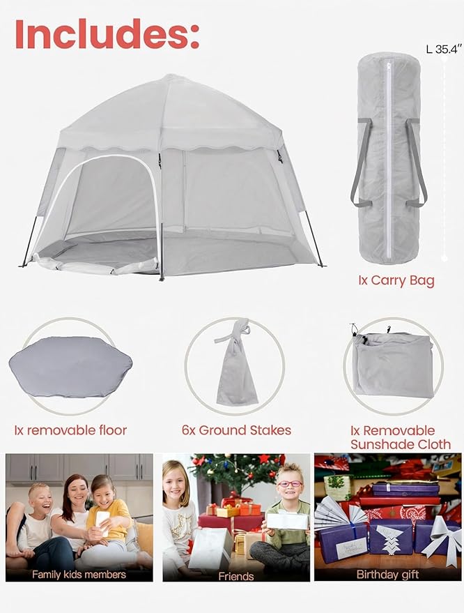 Portable Large Kids Beach Tent Shelter with Canopy UV Cover, Indoor Outdoor Camping Tent,with Thick Removable Floor for Sleeping Or Beach Shelter (Light Grey)