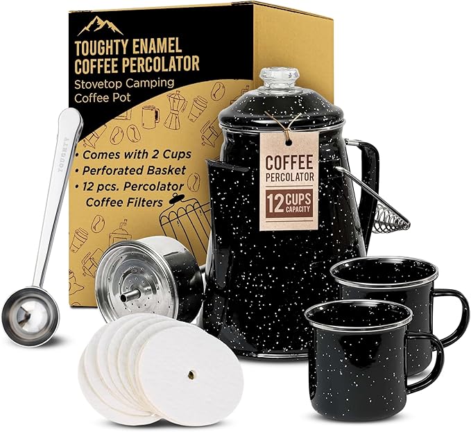 Toughty Enamel Coffee Percolator - Stovetop Coffee Maker for Camping, Open Fire, Grill, or Stove - Vintage Coffee Pot - Durable Old-Fashioned Metal Percolator w/ 2 Cups & 12 Coffee Filters - Black