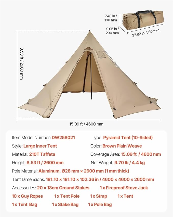 Hot Tent for 4-6 Person, Winter Tipi Tent with Stove Jack, Waterproof Canvas Camping Tent, 4 Season Shelter for Hiking Backpacking - L Size