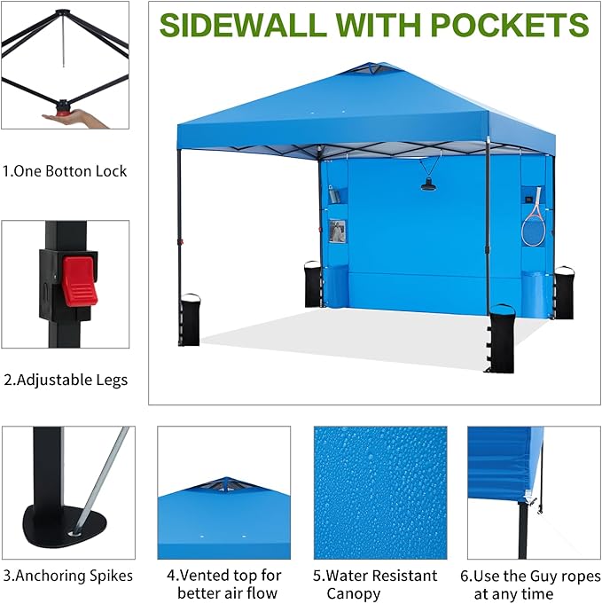 10'x10' Pop Up Canopy Tent with 1 Sidewall and 6 Pockets, One Push Setup, Instant Shade Tent with Vented Roof for Beach Patio Outdoor, Case, 8 Stakes, 4 Ropes, 4 Sandbags (Blue, 10x10)