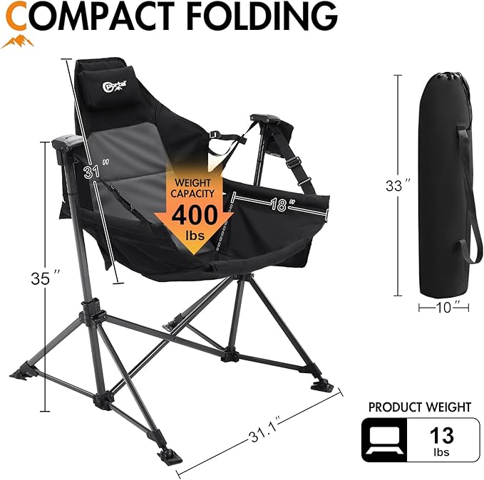 Portal Hammock Camping Chair Heavy Duty 400lbs - Swinging Chair Outdoor with Adjustable Recline & Headrest Pillow, Portable Hammock Swing Chair for Camping Beach Sports Events, Black