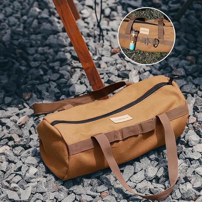 TBACW Canvas Tool Storage Bag with Zipper - Organizer for Tools, Tent Stakes & Poles, Durable Fabric Utility Pouch for Outdoor Hunting Hiking Camping Gear (Khaki)