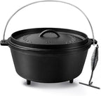 10 QT Pre-Seasoned Cast Iron Camp Dutch Oven with Lid, Large Camping Dutch Oven Pot with Tripod Stand, incl. Lid Lifter - Dual Handles - for Outdoor Campfire, Grill, Oven&Stovetop Cooking - Black