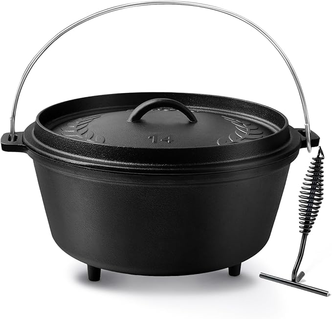 10 QT Pre-Seasoned Cast Iron Camp Dutch Oven with Lid, Large Camping Dutch Oven Pot with Tripod Stand, incl. Lid Lifter - Dual Handles - for Outdoor Campfire, Grill, Oven&Stovetop Cooking - Black