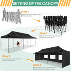 COBIZI 10x30 Pop Up Canopy Tent with Awning & Sidewalls, Heavy Duty Commercial 10X30 Canopy Tents Instant Waterproof, UPF 50+ Sun Shade for Outdoor, Parties, Markets Black