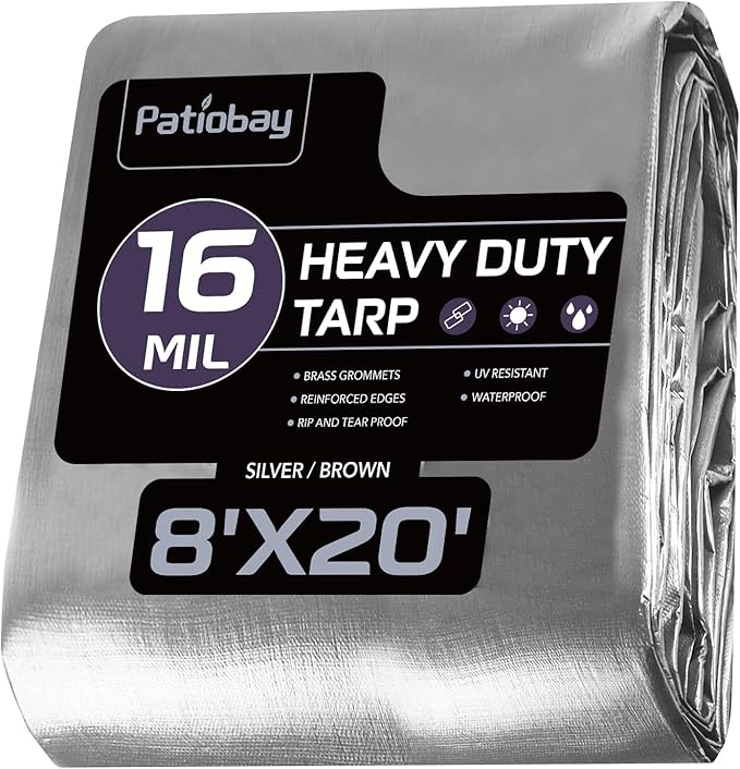 Tarp 8x20FT, 16 Mil Large Tarp, Tarps Heavy Duty Waterproof with Grommets Every 23.6", 420D Thick Plastic Tarp, UV Resistant Tear&Fade Resistant, Reinforced Edges for Outdoor Pool Camp Tent