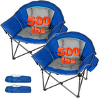 Romswi 2PK Oversized XL Padded Camping Chair for Adults, 500lbs Support Heavy-Duty Padded Folding Chair with Side Pocket Cup Holder, Wide&Thick, for Outdoor,Blue and Gray