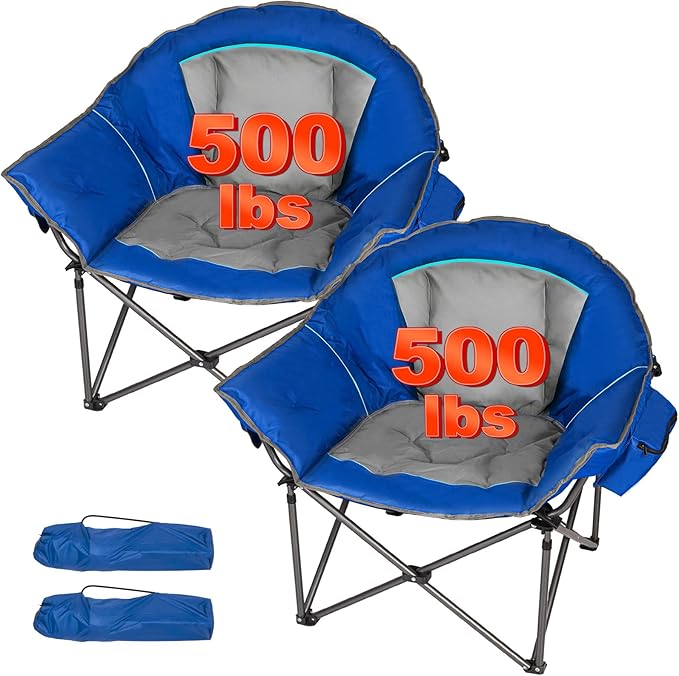 Romswi 2PK Oversized XL Padded Camping Chair for Adults, 500lbs Support Heavy-Duty Padded Folding Chair with Side Pocket Cup Holder, Wide&Thick, for Outdoor,Blue and Gray
