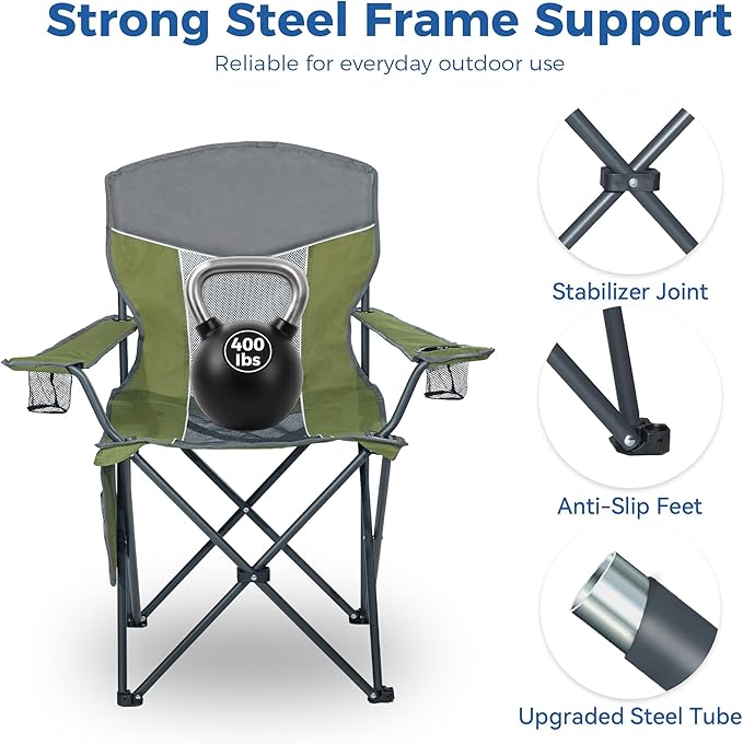 Outdoor Camping Chair 2-Pack with Mesh Back, Folding Portable Lawn Chairs with Cup Holder & Side Storage Pocket for Camping, Beach, Picnic, Fishing(Green)