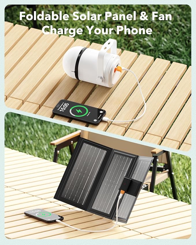 Solar Ceiling Fan Light, Battery Operated Camping Fan with Remote Contorl & 20W Portable Foldable Solar Panel, Rechargeable Gazebo Fan Light for Tent Canopy Pergola Travel