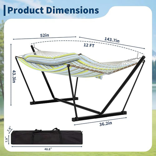 2 Person Double Hammock with Adjustable Steel Stand & Pillow, Heavy Duty Portable Outdoor Hammock Set, MAX 450 LBS Weight Capacity for Patio, Garden, Beach, Backyard