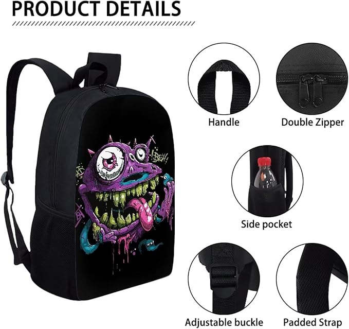 3 In 1 Funny Purple Monster Backpack for School Boys Lightweight Boys Bookbag Age 8-10 17 Inch Large Capacity Teens School Bag and Lunch Kit for Back to School Travel Hiking Rucksack