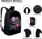 3 In 1 Funny Purple Monster Backpack for School Boys Lightweight Boys Bookbag Age 8-10 17 Inch Large Capacity Teens School Bag and Lunch Kit for Back to School Travel Hiking Rucksack