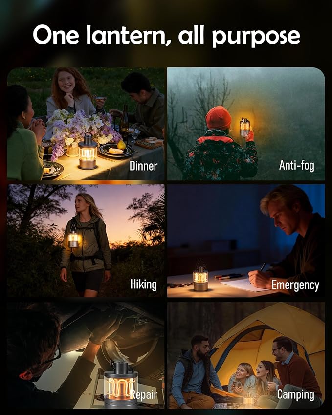 Aluminum Camping Lantern, Rechargeable Ambient Lantern with Paracord Handle & Smooth Dimming, Portable Warm Light for Indoor/Outdoor, Bedroom, Hiking and Emergency, 4'' x 2.4''