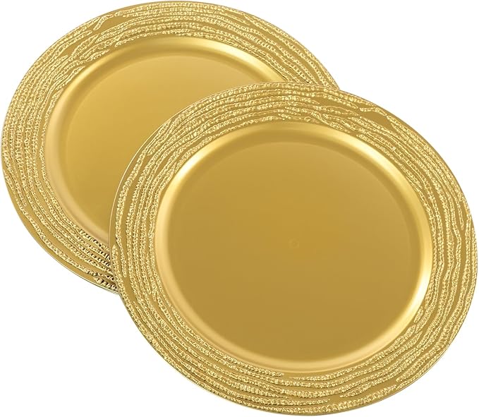 100 PCS Antique Charger Plates Bulk, 13'' Plastic Embossed Dinner Plate Chargers Round Floral Plates for Wedding Decorative Chargers for Table Dinner Kitchen Party Decoration (Golden)