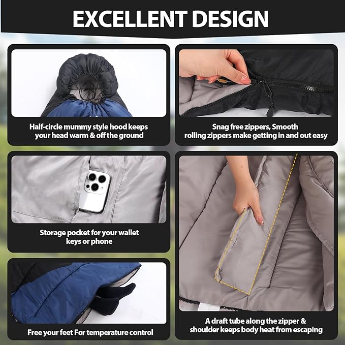 Single Sleeping Bag for Adults Kids 3-Season, Lightweight Waterproof Ripstop, Dual Zipper Bottom Vent, Compression Sack, Portable Camping Hiking Backpacking Gear